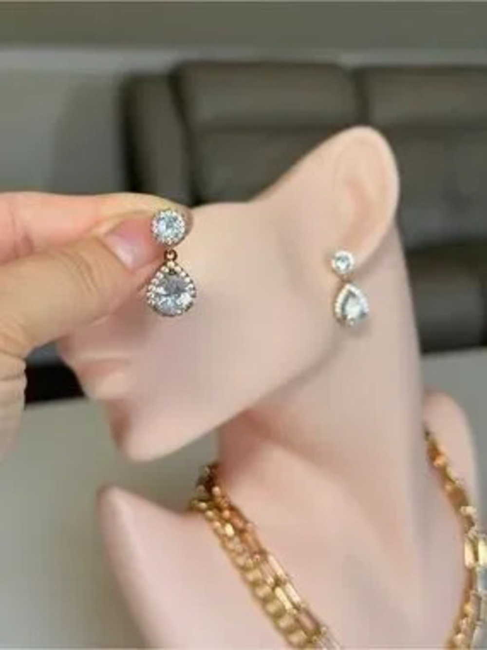 Gold Teardrop Drop Earrings With Cubic Zirconia
